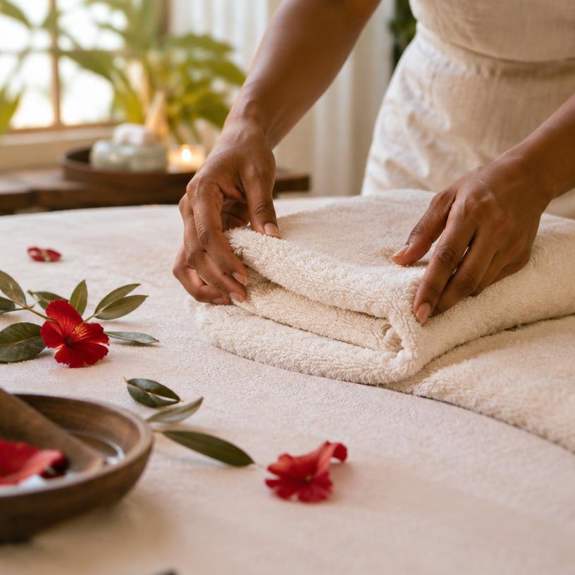 Fresh towels being prepared for a guest